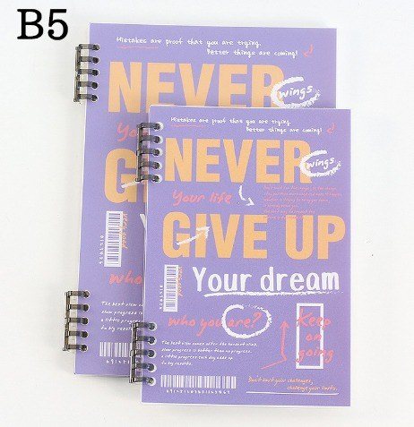 Sổ còng 2 đầu B5 120 trang kẻ nét đứt bìa Never give up S24 - Sổ còng 2 đầu B5 bìa trong suốt Never give up S24 - Tím