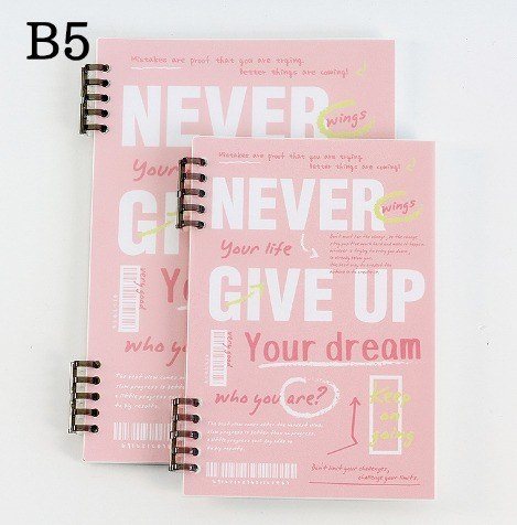 Sổ còng 2 đầu B5 120 trang kẻ nét đứt bìa Never give up S24 - Sổ còng 2 đầu B5 bìa trong suốt Never give up S24 - Hồng Never giver up