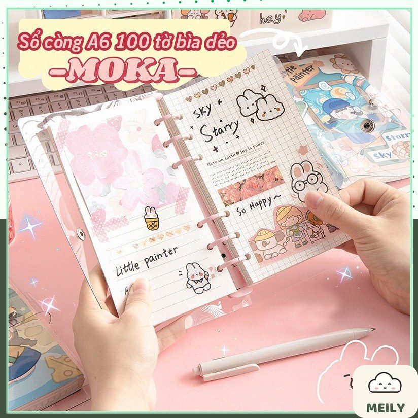 Sổ còng bìa nhựa mềm dẻo A6 Moka 100 tờ mix caro + kẻ ngang S31