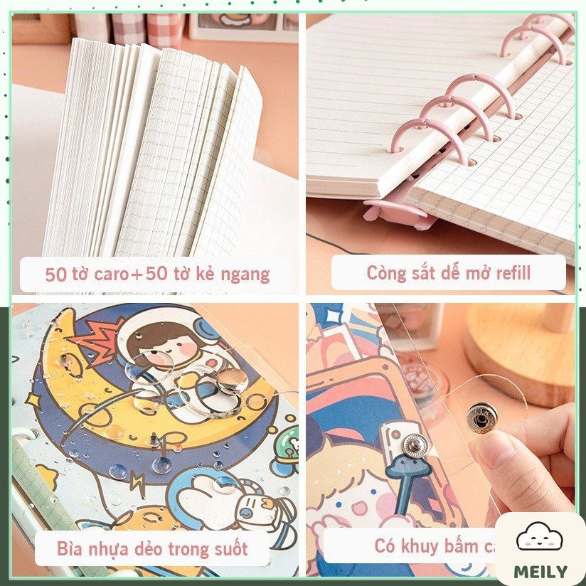 Sổ còng bìa nhựa mềm dẻo A6 Moka 100 tờ mix caro + kẻ ngang S31