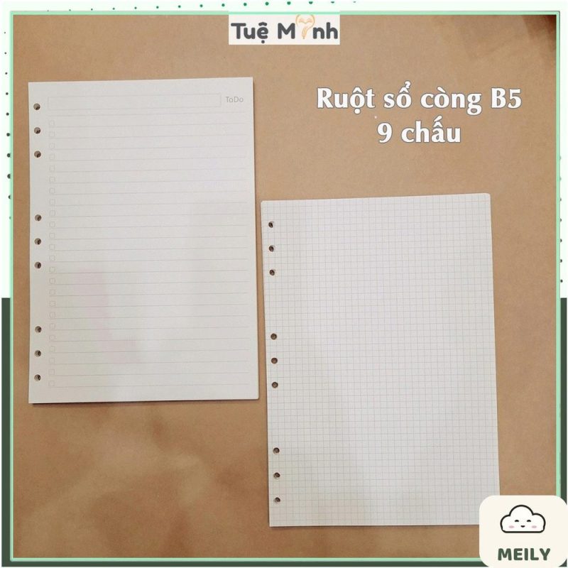 Sổ còng sắt B5 9 chấu ruột refill 90 trang caro, dot grid, kẻ