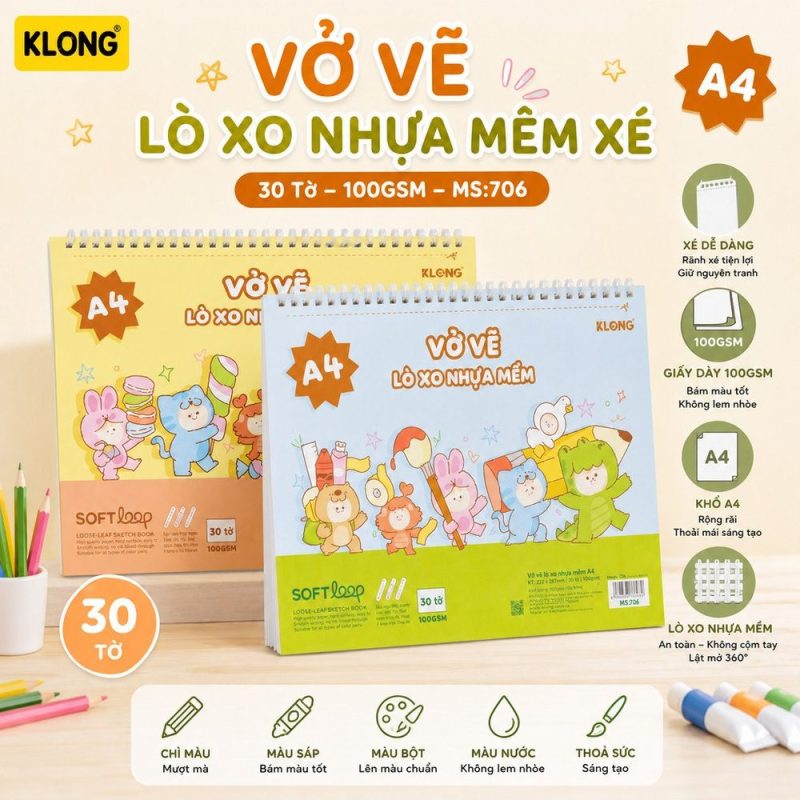 Sổ vẽ Klong A4 lò xo nhựa mềm 30 tờ giấy 100gsm nhám nhẹ