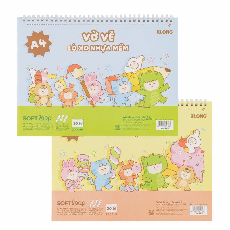 Sổ vẽ Klong A4 lò xo nhựa mềm 30 tờ giấy 100gsm nhám nhẹ