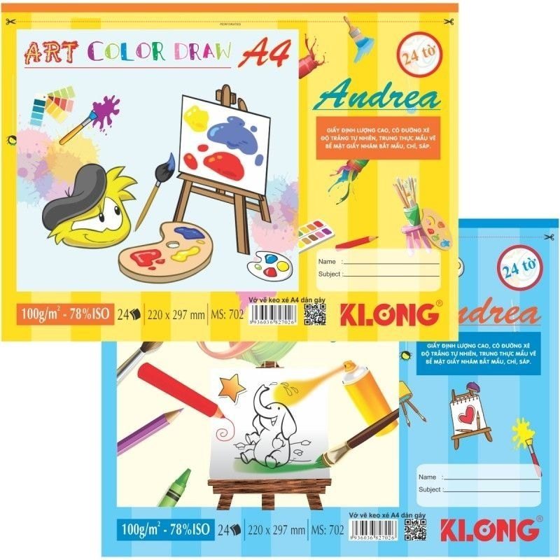 Sổ vẽ Klong A4 lò xo nhựa mềm 30 tờ giấy 100gsm nhám nhẹ - Vở vẽ xé dán gáy A4 24 tờ ĐL 100/76 KLong-MS702-NN [KM]
