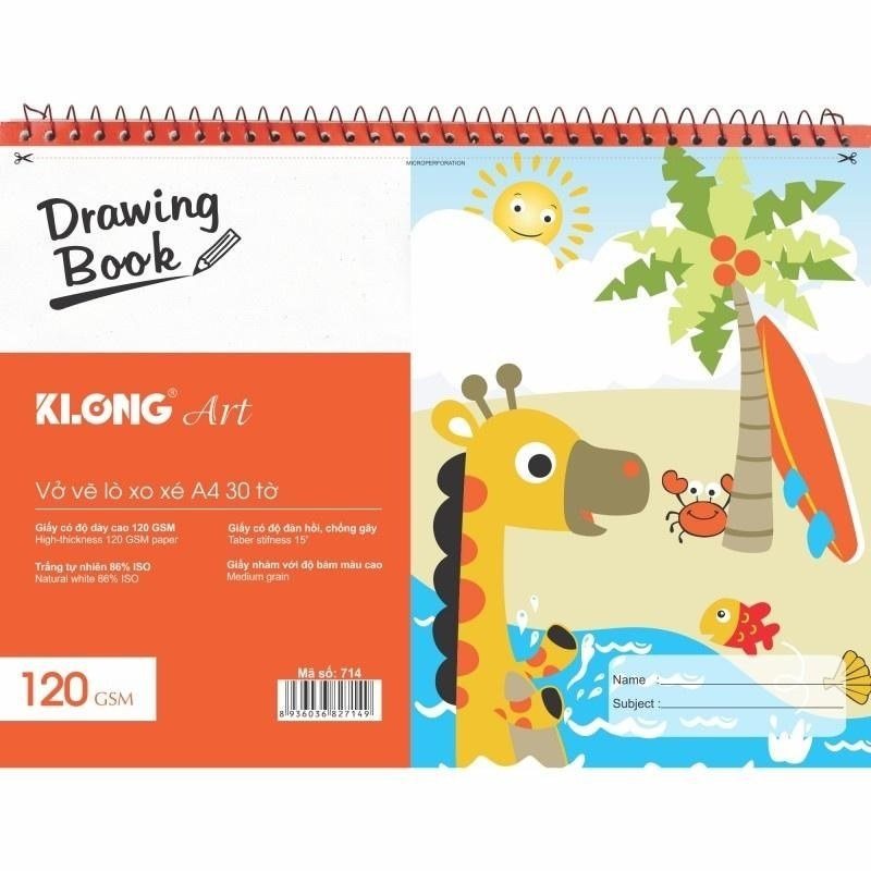 Sổ vẽ Klong A4 lò xo nhựa mềm 30 tờ giấy 100gsm nhám nhẹ - Vở vẽ lò xo xé A4+ 30 tờ 120/86 klong ms714 [KM]