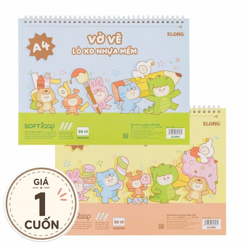 Sổ vẽ Klong A4 lò xo nhựa mềm 30 tờ giấy 100gsm nhám nhẹ - Vở vẽ lò xo nhựa mềm xé A4 30 tờ 100/76 Klong Ms706