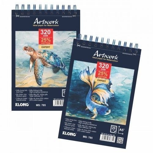 Sổ vẽ màu nước Artwork A5 lò xo bám màu 20 tờ KLong MS 785 - Sổ vẽ lò xo màu nước Artwork cao cấp A5 20 tờ, định lượng 320gsm 25% cotton KLong-MS785 [KM]-NN