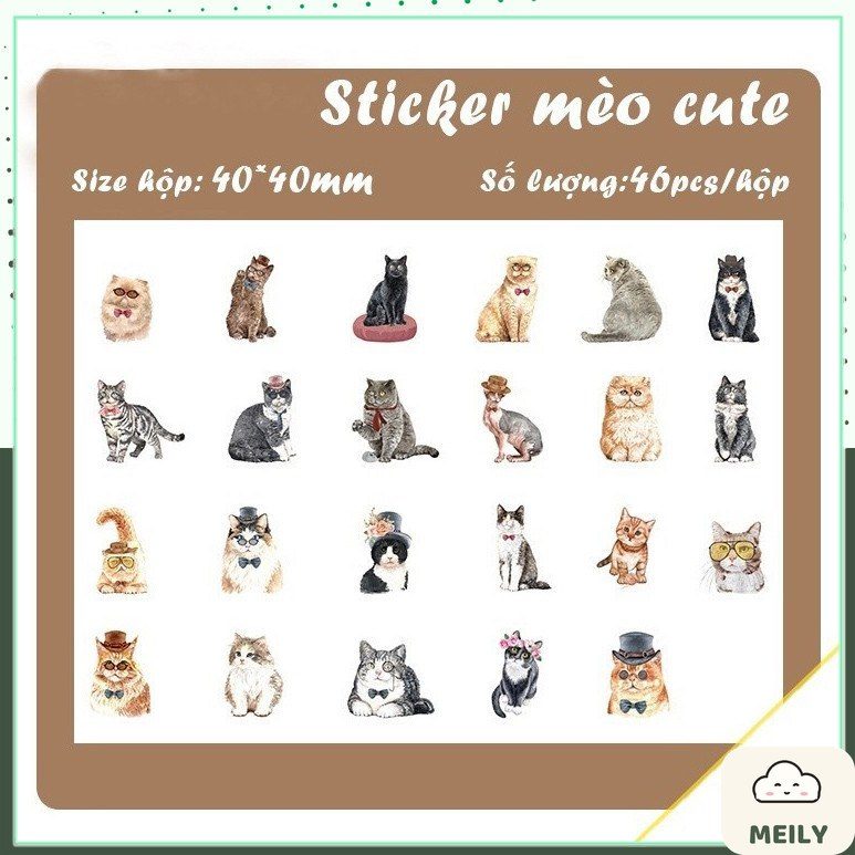 Sticker mèo cute hộp 46 sticker hoạt hình Mèo STI62