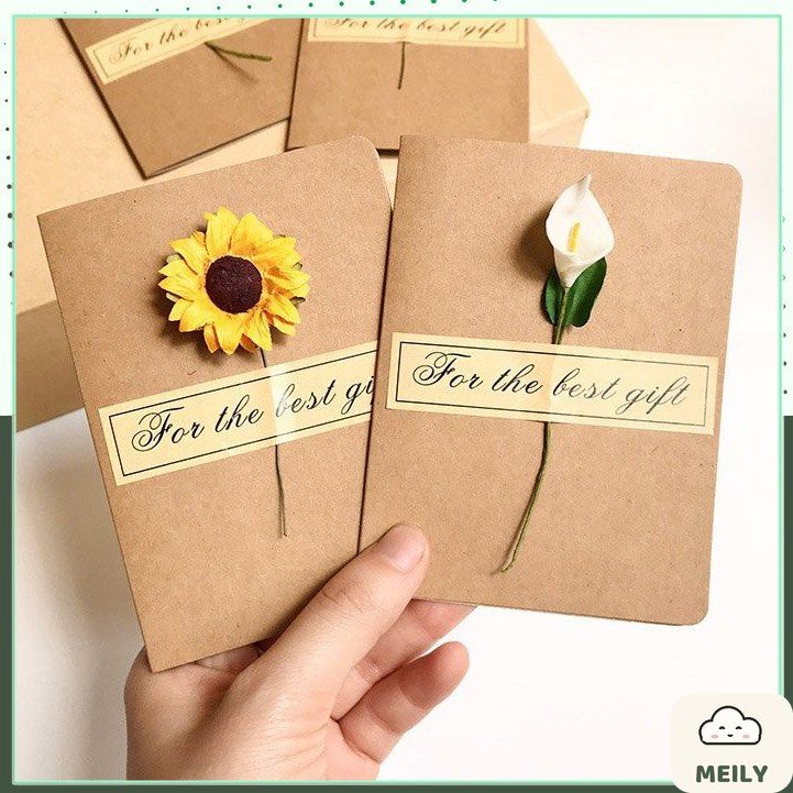 Thiệp giấy kraft Vintage hoa hướng dương/ hoa khô handmade tặng sinh nhật