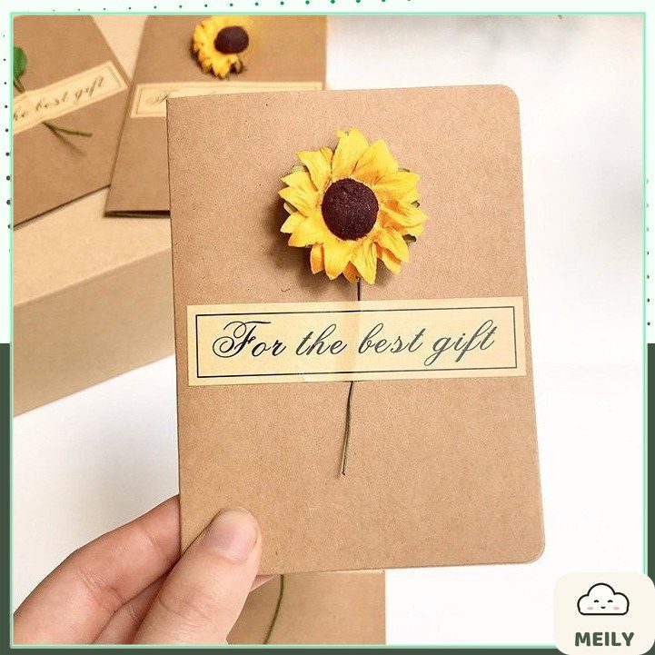 Thiệp giấy kraft Vintage hoa hướng dương/ hoa khô handmade tặng sinh nhật