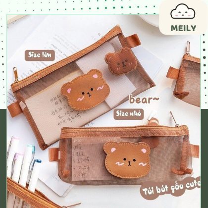Túi bút hình gấu dễ thương vải lưới K36