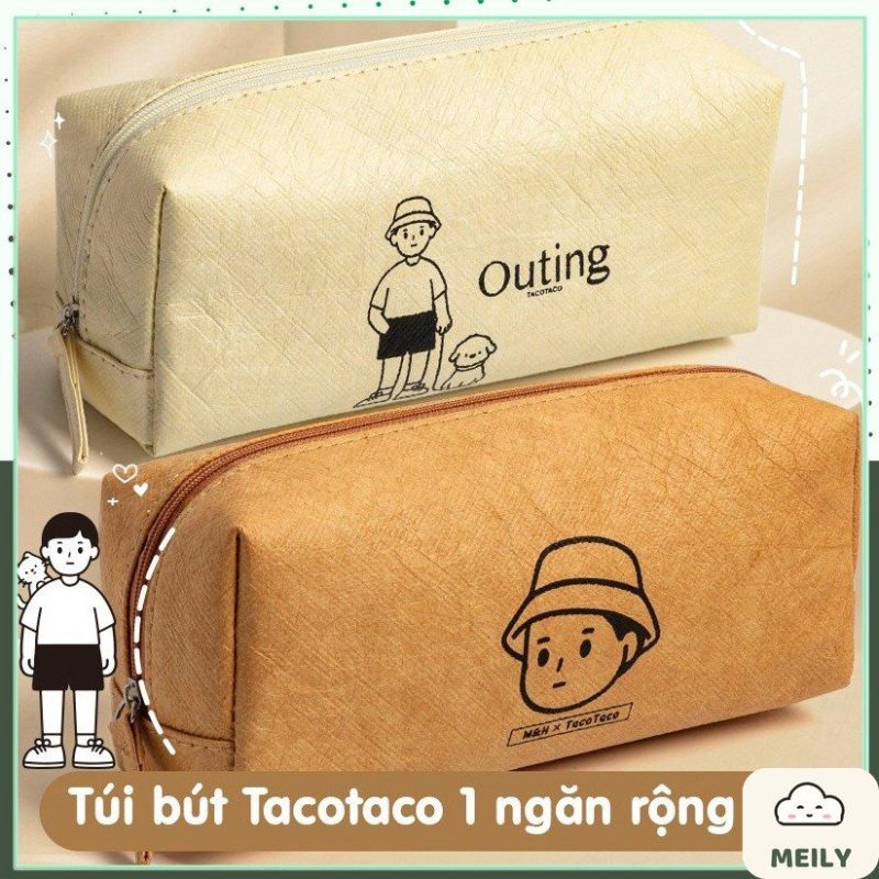 Túi bút ngăn to khóa kéo Tacotaco vải da