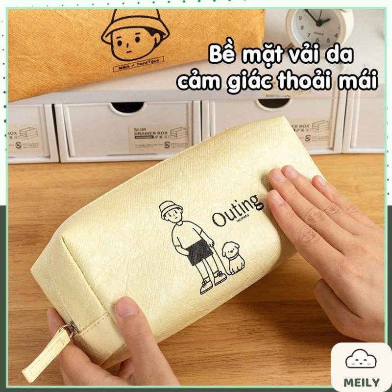 Túi bút ngăn to khóa kéo Tacotaco vải da