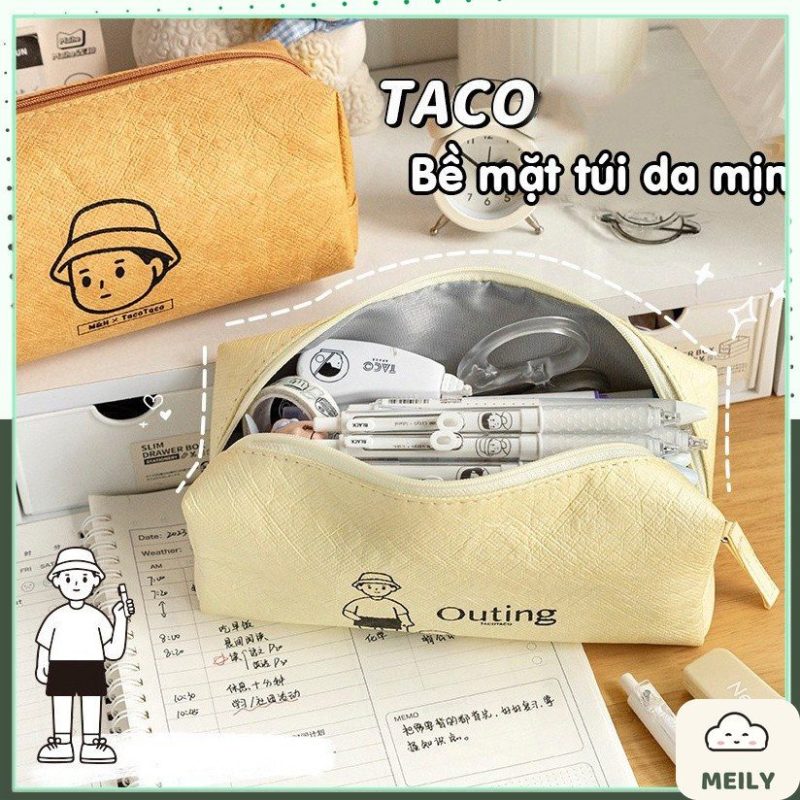 Túi bút ngăn to khóa kéo Tacotaco vải da