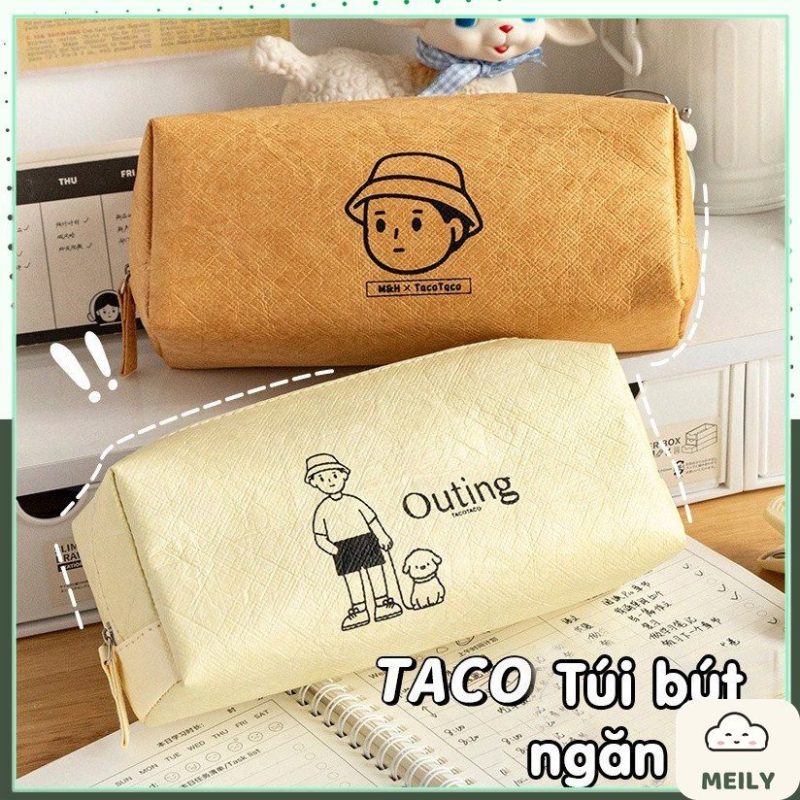 Túi bút ngăn to khóa kéo Tacotaco vải da