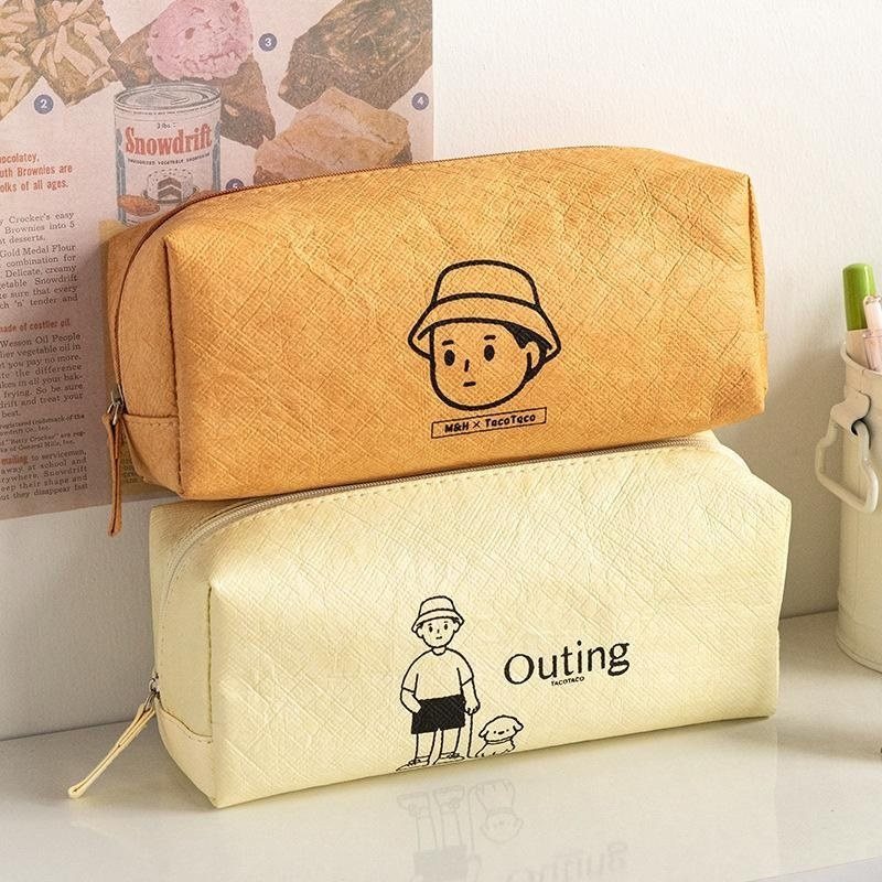 Túi bút ngăn to khóa kéo Tacotaco vải da - Be