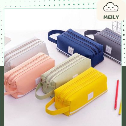 Túi bút vải canvas màu Pastel sọc trắng 2 ngăn to rộng