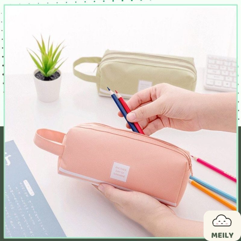 Túi bút vải canvas màu Pastel sọc trắng 2 ngăn to rộng