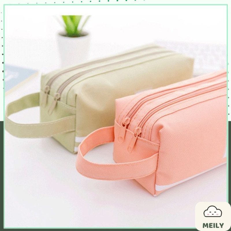 Túi bút vải canvas màu Pastel sọc trắng 2 ngăn to rộng