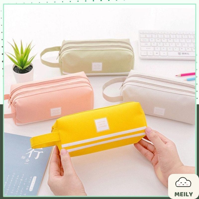 Túi bút vải canvas màu Pastel sọc trắng 2 ngăn to rộng