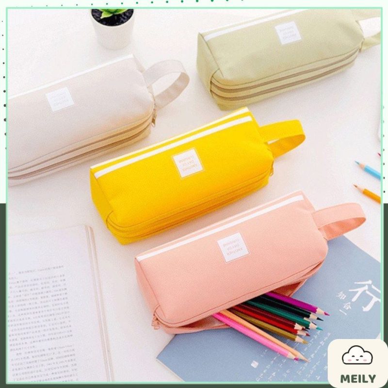 Túi bút vải canvas màu Pastel sọc trắng 2 ngăn to rộng