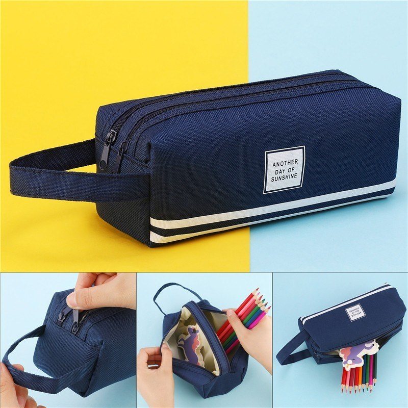 Túi bút vải canvas màu Pastel sọc trắng 2 ngăn to rộng - Tím than