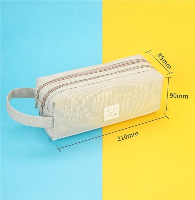 Túi bút vải canvas màu Pastel sọc trắng 2 ngăn to rộng - Màu be
