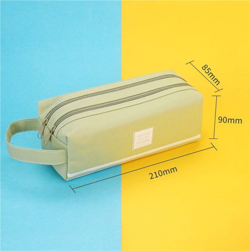Túi bút vải canvas màu Pastel sọc trắng 2 ngăn to rộng - Xanh lá