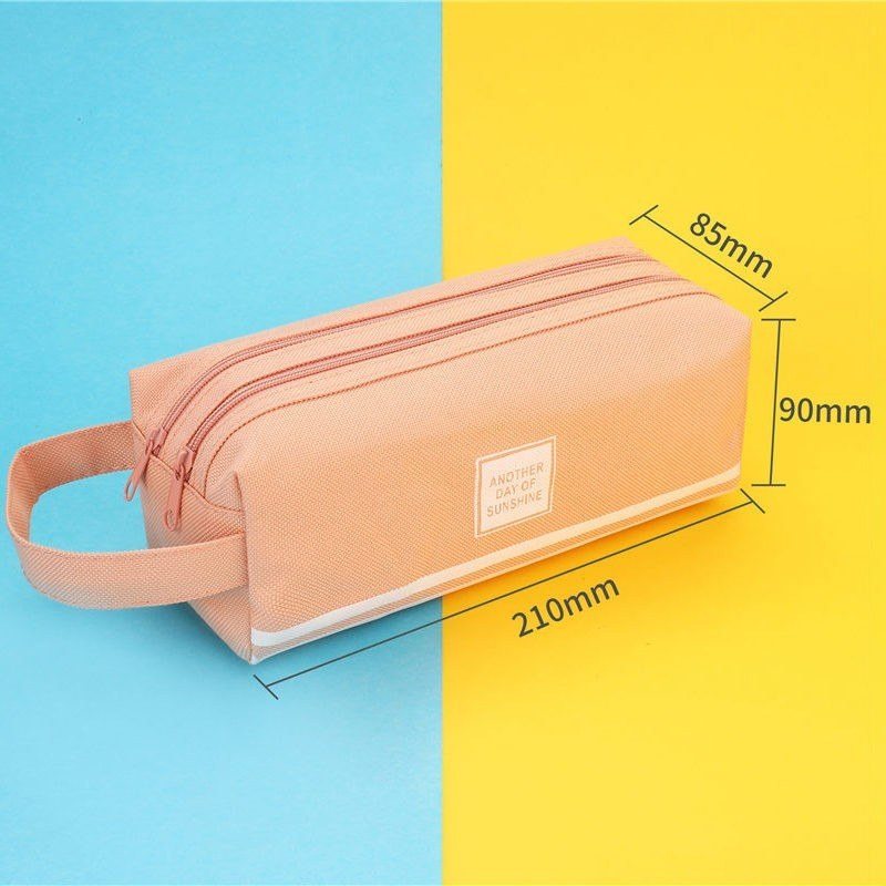 Túi bút vải canvas màu Pastel sọc trắng 2 ngăn to rộng - Hồng