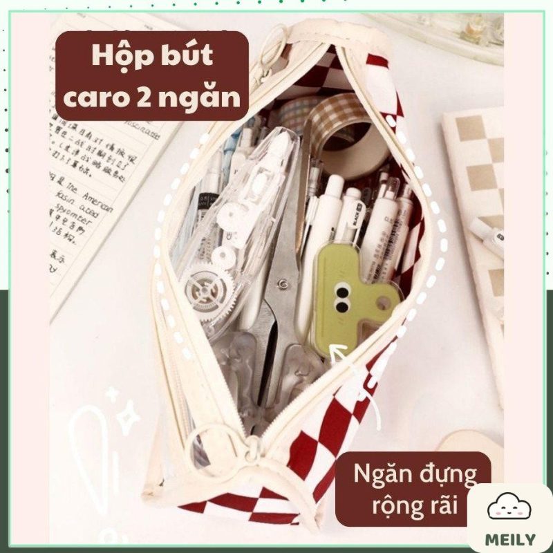 Túi đựng bút 2 ngăn rộng, hộp bút caro chống nước kẻ cá tính K95