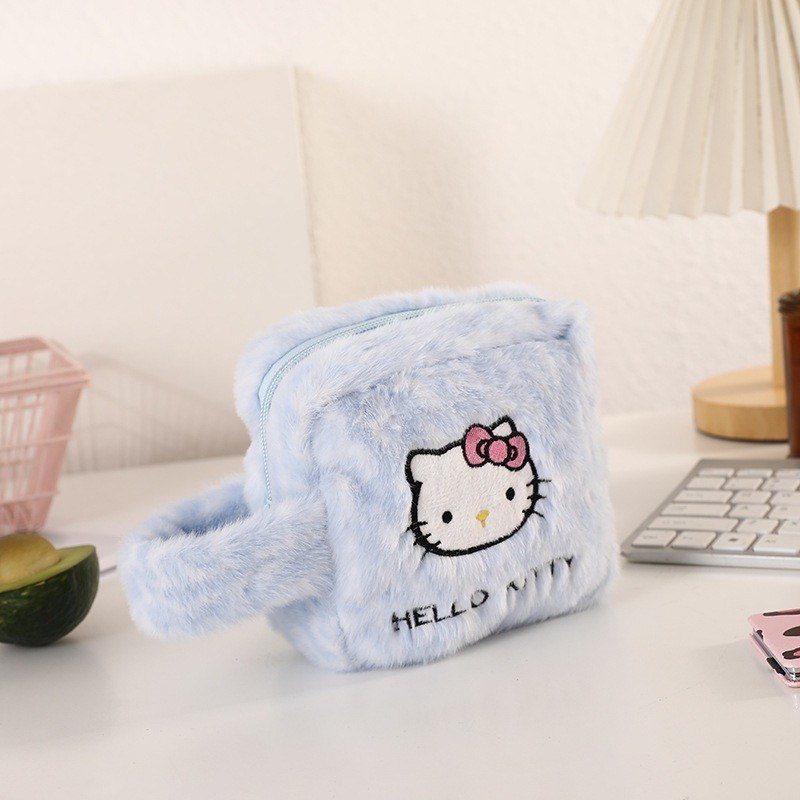 Túi Đựng Đồ Mini Lông Mềm Hello KT Dễ Thương - Túi Đựng Mỹ Phẩm - Xanh