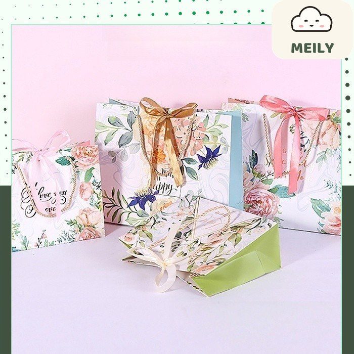 Túi đựng quà giấy chữ nhật dáng ngang hoa vintage kèm ruy băng