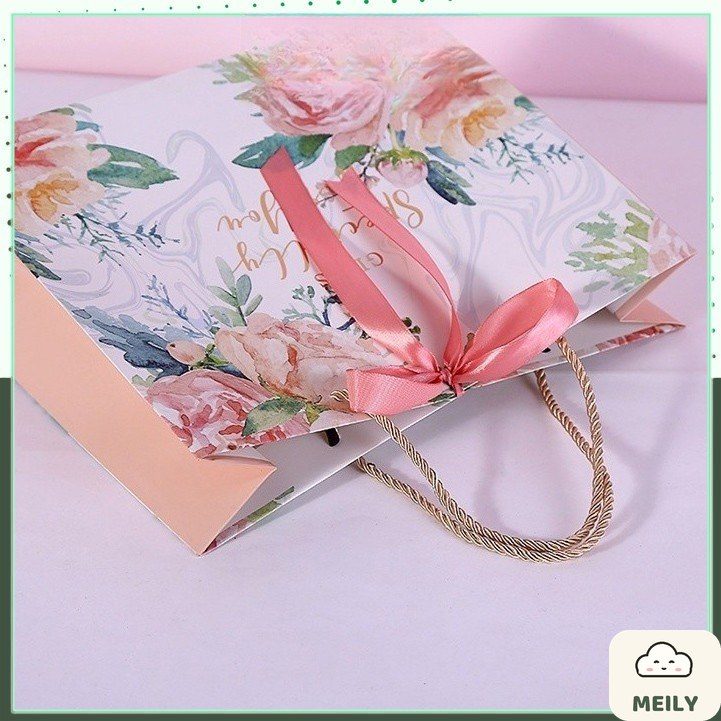 Túi đựng quà giấy chữ nhật dáng ngang hoa vintage kèm ruy băng