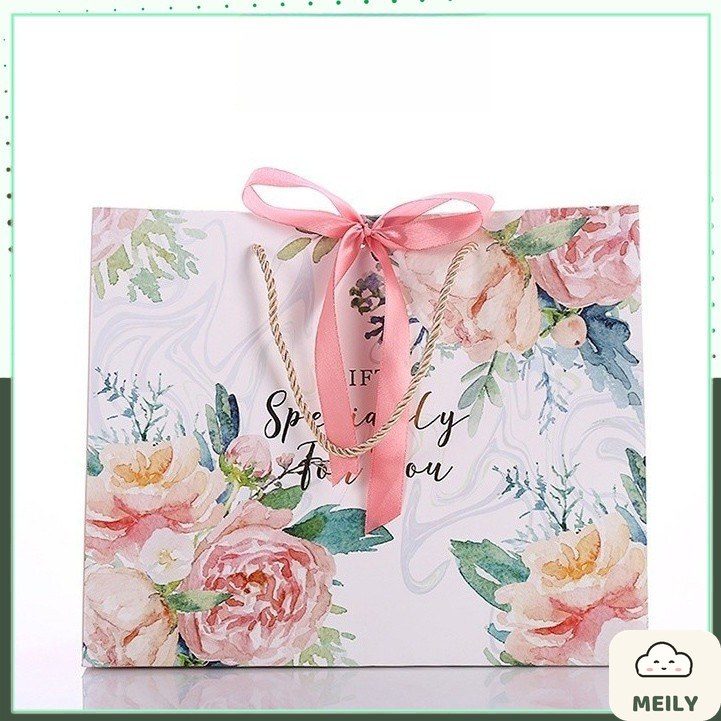 Túi đựng quà giấy chữ nhật dáng ngang hoa vintage kèm ruy băng