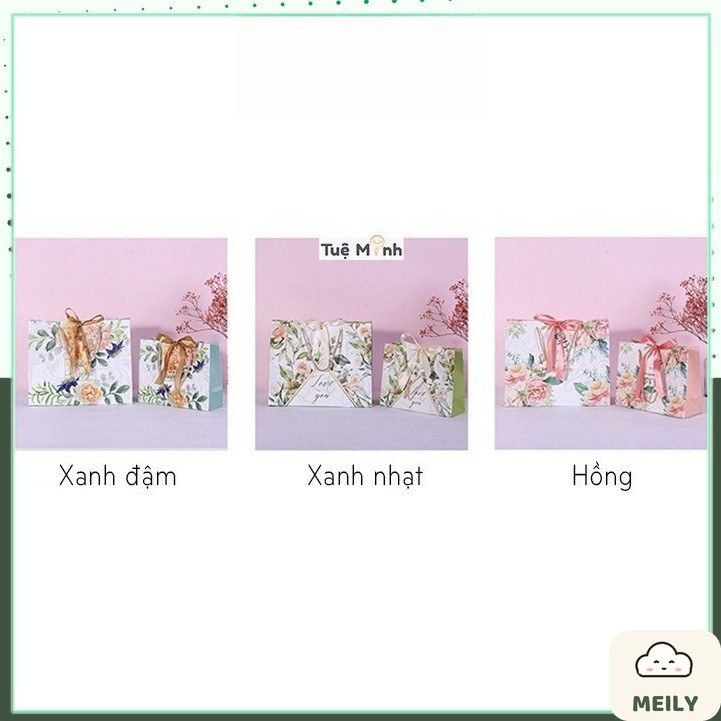 Túi đựng quà giấy chữ nhật dáng ngang hoa vintage kèm ruy băng
