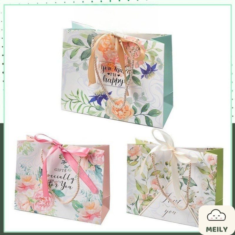 Túi đựng quà giấy chữ nhật dáng ngang hoa vintage kèm ruy băng