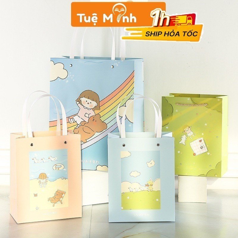 Túi giấy đựng quà hình cô gái hoạt hình tặng sinh nhật - đồng xanh cỡ L