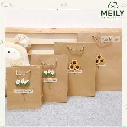 Túi quà giấy kraft Vintage đựng quà tặng gắn hoa khô T01