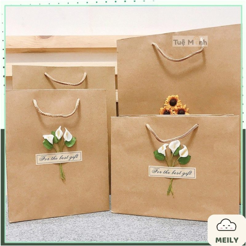 Túi quà giấy kraft Vintage đựng quà tặng gắn hoa khô T01