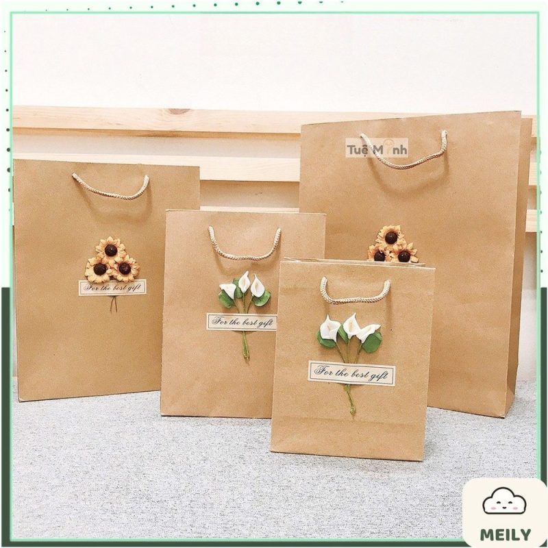 Túi quà giấy kraft Vintage đựng quà tặng gắn hoa khô T01