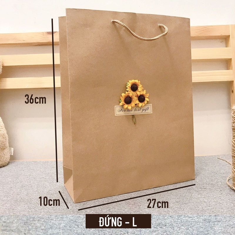 Túi quà giấy kraft Vintage đựng quà tặng gắn hoa khô T01 - đứng L [Ghép]