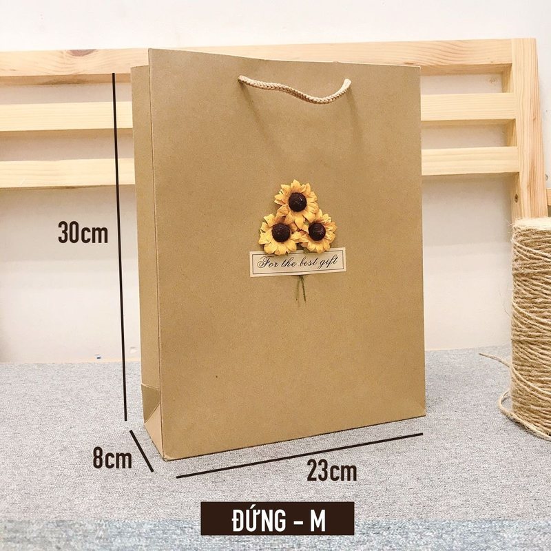 Túi quà giấy kraft Vintage đựng quà tặng gắn hoa khô T01 - đứng M [Ghép]