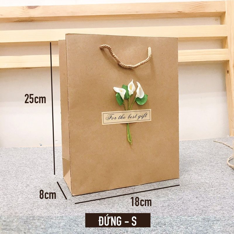 Túi quà giấy kraft Vintage đựng quà tặng gắn hoa khô T01 - đứng S [Ghép]