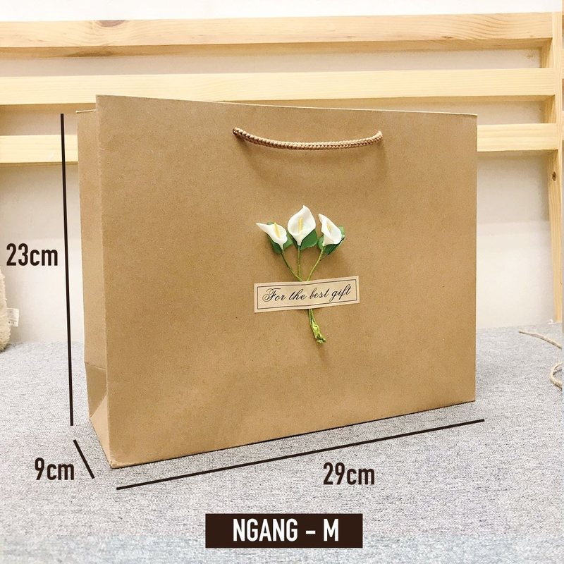 Túi quà giấy kraft Vintage đựng quà tặng gắn hoa khô T01 - ngang M [Ghép]