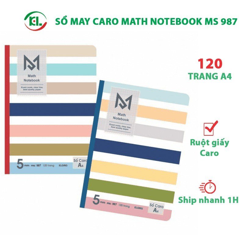 Vở A4 caro 5x5mm Klong 70gsm 120-200 trang MS 298 - Sổ may Caro A4 Math Notebook 120 trang Klong MS987 [KM]
